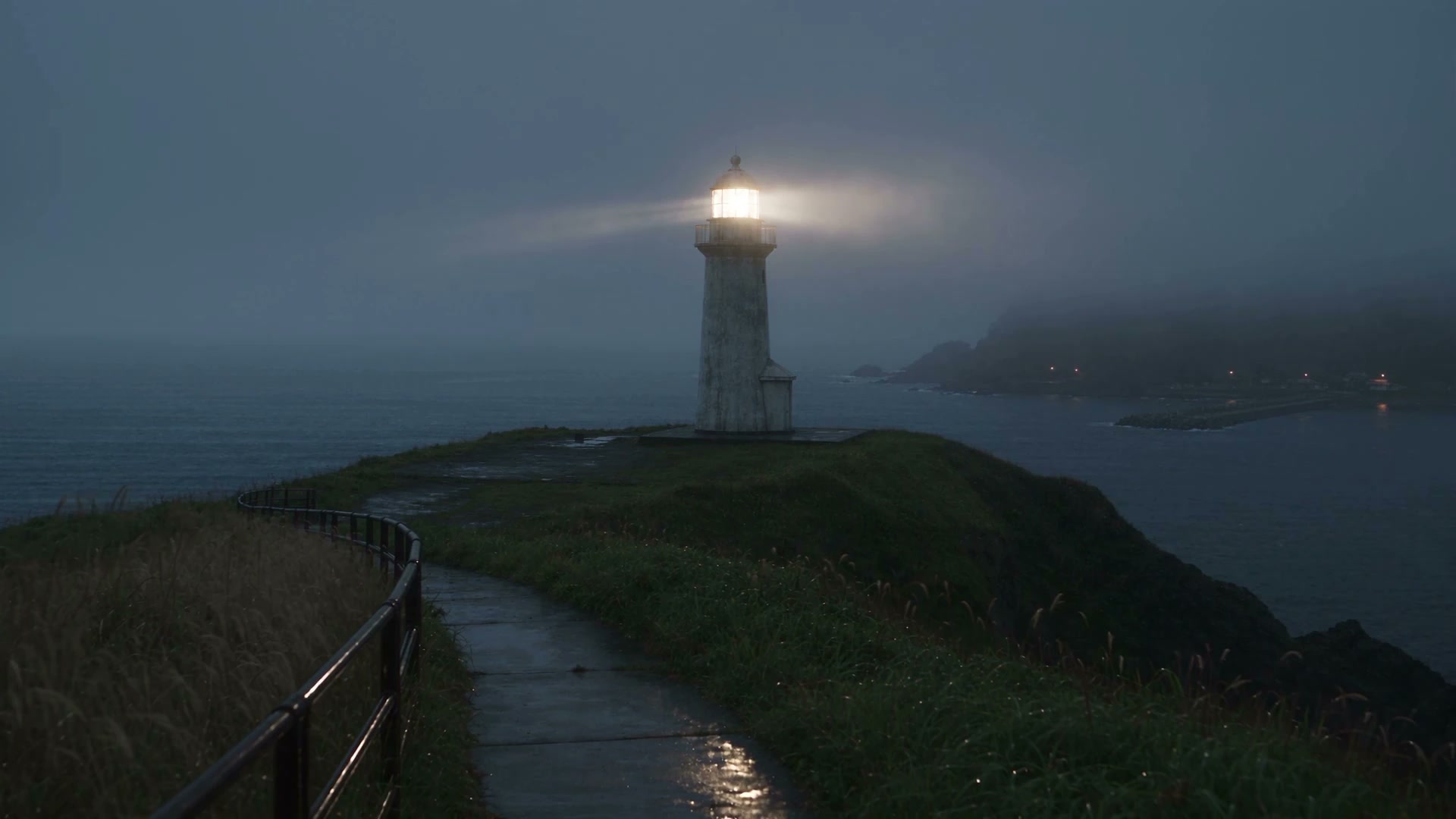 雨夜の海を照らす岬の灯台